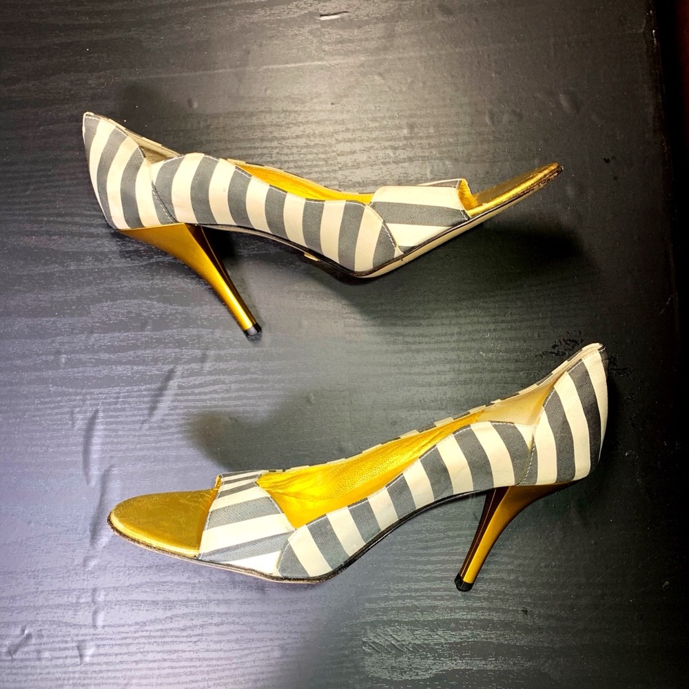 Nicole Miller Striped Satin Gold Peep Toe Heels